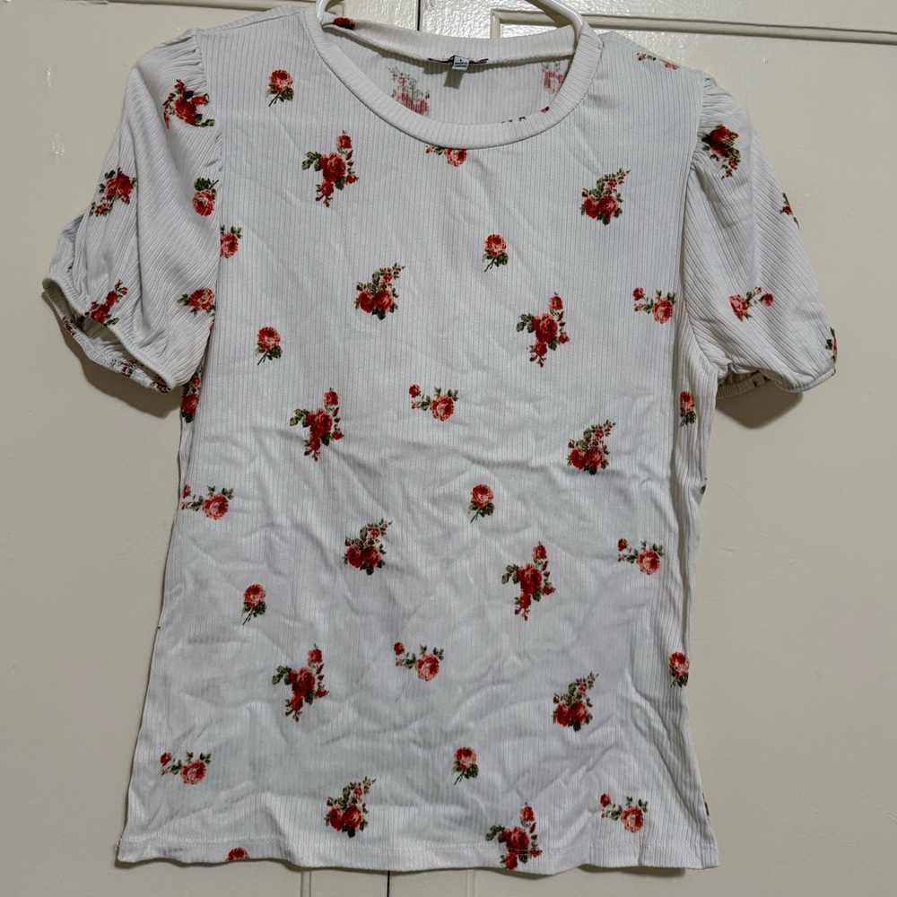 Iris White Top with Red Floral Design
